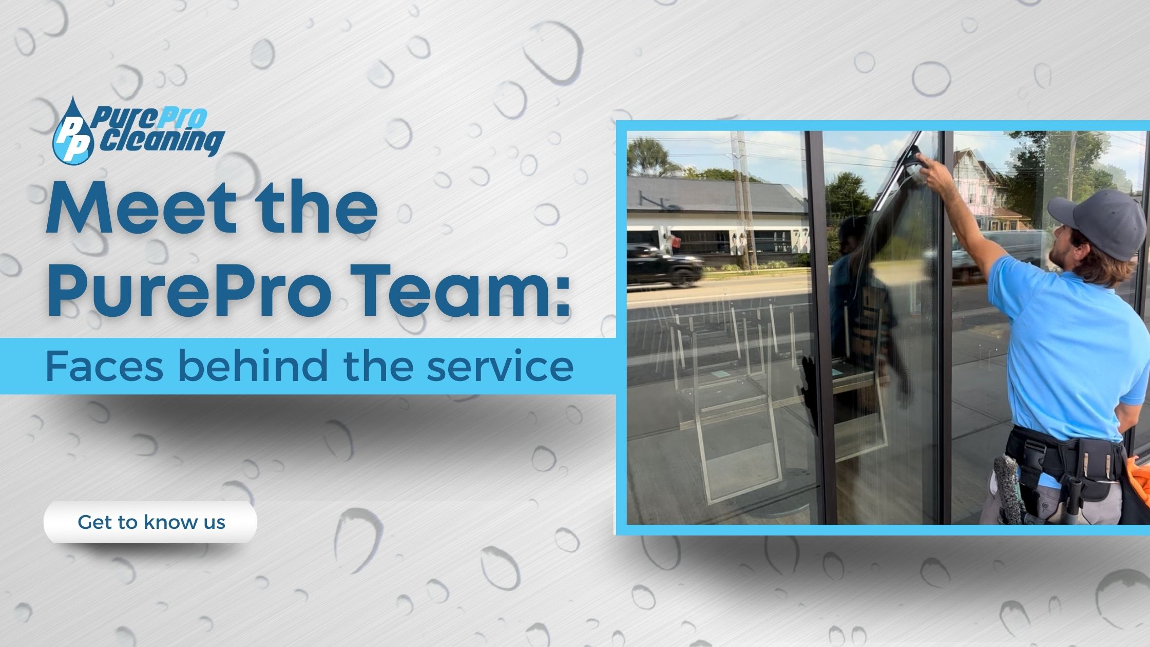 A PurePro Cleaning employee cleans a large glass window, while text reads "Meet the PurePro Team: Faces behind the service." Company logo and a "Get to know us" button highlight our holiday light installation expertise.